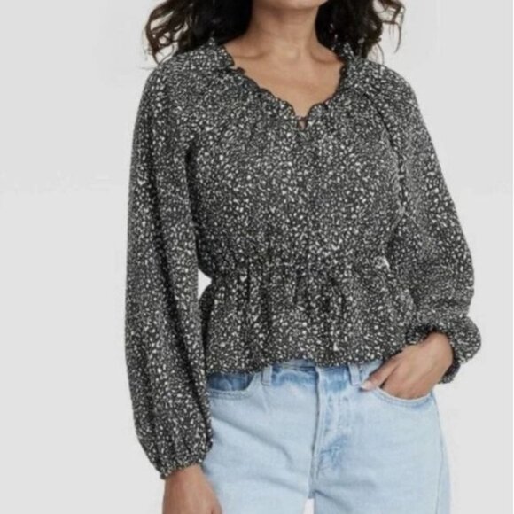Universal Thread Blouse Shirt Womens XS Black White New Speckled Long Sleeve - Picture 1 of 9